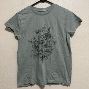 Doe Wildflower Graphic Tee Sage Green Floral Line Art Cotton T-Shirt XS